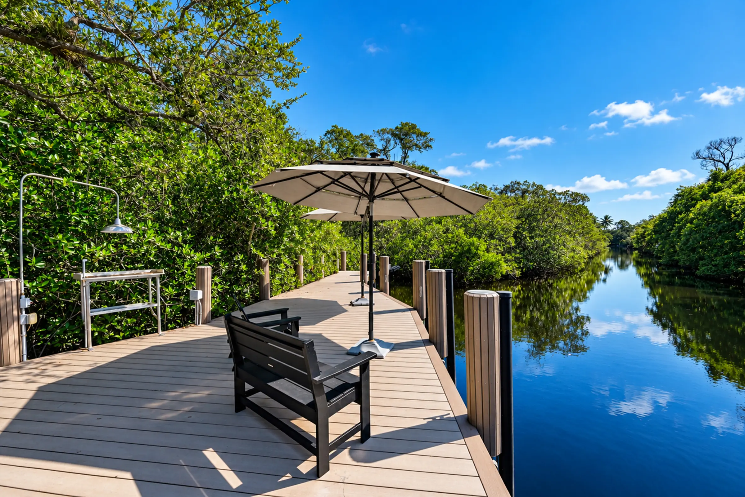 Seating on the viewing deck over the river